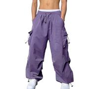 Men's Casual Cargo Pants Elastic Waist Drawstring Hip Hop Trousers Men's Parachute Pants Drawstring Baggy Cargo Pants Y2K Streetwear Men's Trousers(Mauve,XL)