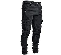 Mens Casual Cargo Pants Solid Plain Slim Fit Stretch Retro Classic Ripped Jeans with Side Pocket Zipper Comfortable Plus Size Trendy Vintage Daily Outdoor Wear Trousers
