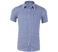 Men's Casual Checkered Button Down Shirt Cotton Short Sleeve Gingham Dress Shirts Regular Fit for Pocket Business Formal Casual Shirt Work Check Shirts for Men UK Dark Blue