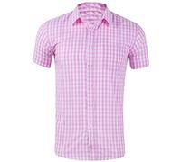 Men's Casual Checkered Button Down Shirt Cotton Short Sleeve Gingham Dress Shirts Regular Fit for Pocket Business Formal Casual Shirt Work Check Shirts for Men UK Pink