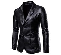 Men's Casual Coat Solid Leather Single Breasted Blazers Jackets Slim Lapel Collar Pocket Warm Long Sleeve Suit Coat Mens Suits Big and Tall Black