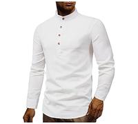 Mens Casual Cotton Linen Henley Shirt Mens Long Sleeve Shirt Casual Cotton Band Collar Henley Shirt Tops Mens Linen Shirt Grandad Collar Short White
