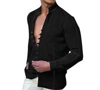 Men's Casual Cotton Linen Long-Sleeve Henley Shirt Men's Long Sleeve Cotton Linen Shirt Casual Collarless Henley Shirt Mens Linen Shirt Grandad Collar Short Black