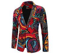 Men's Casual Cotton Linen National Style Print Blazer 1 Button Floral Pattern Sport Blazer Jacket Slim Fit Suit (Colour,M)