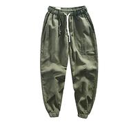 Mens Casual Cotton Linen Pants Elasticated Waist Drawstring Jogger Yoga Harem Pants Loose Straight Leg Cinch Bottom Stadium Pant Stretch Fit Work Walking Trousers for Men UK with Pockets Green