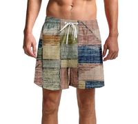 Mens Casual Cotton Linen Shorts Trendy Summer Printed Beach Board Shorts Hippy Patchwork Colorful Colour Block Retro Swim Shorts Elasticated Waist Drawstring Pull On Walking Shorts