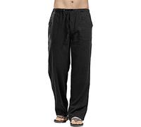 Mens Casual Cotton Linen Trousers Elastic Waist Drawstring Yoga Pants Loose Fit Straight-Legs Stretchy Summer Beach Pants Baggy Lounge Long Pant Black
