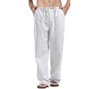 Mens Casual Cotton Linen Trousers Elastic Waist Drawstring Yoga Pants Loose Fit Straight-Legs Stretchy Summer Beach Pants Baggy Lounge Long Pant White