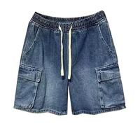 Men's Casual Denim Shorts Summer Elastic Waist Loose Fit Straight Leg Drawstring Comfortable Streetwear Jorts for Daily Wear (Blue, XXL)