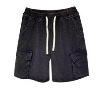Men's Casual Denim Shorts Summer Elastic Waist Loose Fit Straight Leg Drawstring Comfortable Streetwear Jorts for Daily Wear (Black, XL)