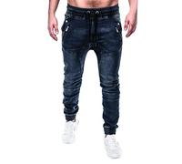 Mens Casual Drawstring Jeans Elasticated Waist Pull On Cinch Bottom Jogger Denim Jeans Pants Heavy Duty Work Denim Pants Classic Distressed Washed Straight Leg Activewear Trousers