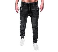 Mens Casual Drawstring Jeans Elasticated Waist Pull On Cinch Bottom Jogger Denim Jeans Pants Heavy Duty Work Denim Pants Classic Distressed Washed Straight Leg Activewear Trousers