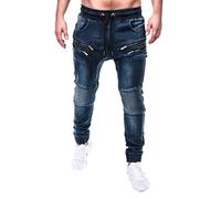 Mens Casual Drawstring Jeans Elasticated Waist Pull On Cinch Bottom Jogger Denim Jeans Pants Heavy Duty Work Denim Pants Classic Distressed Washed Straight Leg Activewear Trousers
