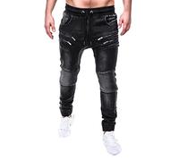 Mens Casual Drawstring Jeans Elasticated Waist Pull On Cinch Bottom Jogger Denim Jeans Pants Heavy Duty Work Denim Pants Classic Distressed Washed Straight Leg Activewear Trousers