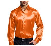 Men's Casual Fashion Bright Face Plain Lapel Long Sleeve Shirt, orange, M