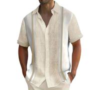Men's Casual Fashionable Loose and Trendy 3D Printed Collar Short Sleeved Shirt Metallic Long Sleeve (Beige, M)