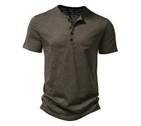 Men's Casual Grandad Collar Henley T Shirt Muscle Fit Summer Smart Short Sleeve 4 Buttons Tee Slim Fitted Collarless Polo T-Shirts Tops-Army Green-XL