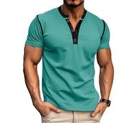Men's Casual Henley Shirts Classic Button Cotton Short Sleeve T-Shirt Summer Basic Solid Lightweight Tees Tops, Skygreen, Medium
