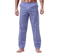 Men's Casual Home Pants, Men's Cotton Pyjama Bottoms, Men Cotton Thin Sleeping Pants, Japanese Mid Waist Loose Plaid Trousers, Light Comfortable Checkered Nightwear Trouser with Pockets Blue