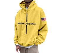 Men's Casual Hoodie with Alphabet Print Merry Christmas Sweatshirt Men's Baggy with Drawstring and Pocket Christmas Hoodie Comfortable Christmas Sweatshirts Fashion for Everyday, Yellow, L