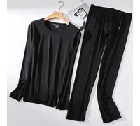 Mens Casual Ice Silk Long Johns Set, Soft Long Sleeve Top and Pants for All Seasons (L Black)