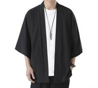 Men's Casual Kimono Robe Coat Outerwear with Open Front and 3/4 Sleeve Design, Loose Fit Shirt by Traditional Japanese Yukata for Wear (L Black)