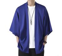 Men's Casual Kimono Robe Coat Outerwear with Open Front and 3/4 Sleeve Design, Loose Fit Shirt by Traditional Japanese Yukata for Wear (2XL Blue)