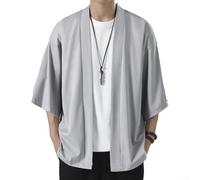 Men's Casual Kimono Robe Coat Outerwear with Open Front and 3/4 Sleeve Design, Loose Fit Shirt by Traditional Japanese Yukata for Wear (3XL Light grey)