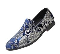 Men's Casual Leather Loafers Glitter Sequin Pointed Toe Non Slip Derby Shoes Comfortable Block Low Heel Dress Oxfords Slip On Shoes for Party Work Prom Wedding Blue