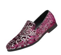 Men's Casual Leather Loafers Glitter Sequin Pointed Toe Non Slip Derby Shoes Comfortable Block Low Heel Dress Oxfords Slip On Shoes for Party Work Prom Wedding Red