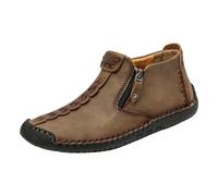 Men's Casual Leather Look Ankle Shoes with Side Zipper, Vintage Stitching Loafers, Soft Flexible Sole, Slip on Mid Top Comfort Walking Shoes for Men Khaki