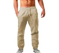 Mens Casual Linen Pants Holiday Beach Pants With Pockets Drawstring Elastic Waist-Men'S Linen Trousers Loose Fit Summer Casual Lightweight Men'S Trousers Long Track Suit Bottoms For Men Uk