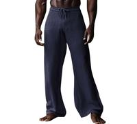Men's Casual Linen Pants Summer Relaxed Fit Bell Bottom Pants Elastic Waist Drawstring Lightweight Beach Yoga Linen Trousers Comfort Wide Leg Flared Trousers Navy
