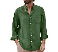 Men's Casual Long Sleeve Button Down Shirt - Lapel Dress Style, Vintage Washed Finish, Wrinkle-Free Fabric, Fashion Top with Chest Pocket Green