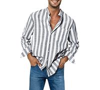 Mens Casual Long Sleeve Linen Shirts Oversized British Striped Shirt Non-Iron Summer Blue Striped Casual Shirt with Chest Pocket Light Breathable Button Down Beach Shirts Grandad Collar Top