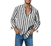 Mens Casual Long Sleeve Linen Shirts Oversized British Striped Shirt Non-Iron Summer Blue Striped Casual Shirt with Chest Pocket Light Breathable Button Down Beach Shirts Grandad Collar Top