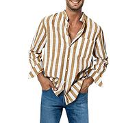 Mens Casual Long Sleeve Linen Shirts Oversized British Striped Shirt Non-Iron Summer Blue Striped Casual Shirt with Chest Pocket Light Breathable Button Down Beach Shirts Grandad Collar Top