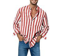 Mens Casual Long Sleeve Linen Shirts Oversized British Striped Shirt Non-Iron Summer Blue Striped Casual Shirt with Chest Pocket Light Breathable Button Down Beach Shirts Grandad Collar Top