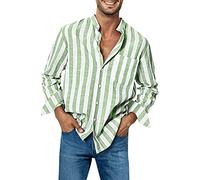 Mens Casual Long Sleeve Linen Shirts Oversized British Striped Shirt Non-Iron Summer Blue Striped Casual Shirt with Chest Pocket Light Breathable Button Down Beach Shirts Grandad Collar Top