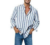 Mens Casual Long Sleeve Linen Shirts Oversized British Striped Shirt Non-Iron Summer Blue Striped Casual Shirt with Chest Pocket Light Breathable Button Down Beach Shirts Grandad Collar Top