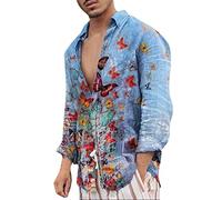 Men's Casual Long Sleeve Shirt Mens Shirts Long Sleeve Linen Collarless Casual Beach Summer Solid Color Top Mens Linen Shirt Grandad Collar Short Blue