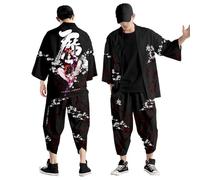 Men's Casual Loose Daily Kimono Set Men's Japanese Multicoloured Printed Loose Cardigan Summer 3/4 Sleeve Kimono Short Sleeve Fashionable Colour National Printed Japanese Bathing, black, XXL