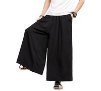 Men's Casual Pants Japanese Wide Leg Elastic Waistband Lightweight Trousers Relaxed Fit Vintage Hakama Pants Black