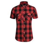 Mens Casual Plaid Shirt Cotton Short Sleeve Shirt Checked Tartan Button Down Shirts Regular Fit Blouse Tops Business Casual Work Shirts for Men Button Down Stand Collar Cardigan Spring Summer Top