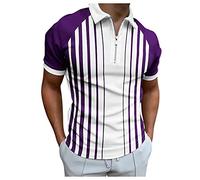 Men's Casual Polo Shirts, Summer Fashion Regular Fit Short Sleeve Shirts Tops, Stretch Comfortable Color Blocking Vertical Stripe Zipped Shirts, Business Casual Polo Shirt, Golf Sport Shirt Purple