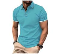 Mens Casual Polo T-Shirt Zipper Button Pullover Patchwork Short Sleeve Blouse Classic Golf Shirt Loose Fit Outfits, Sky Blue, Medium