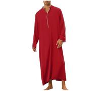 Men's Casual Robe Long Sleeve Cotton Casual Thobe Extra Long V-Neck Muslim Dressing Gown Floor Length Lightweight Breathable Robes Mens Summer Retro Kimono Versatile Longline Top Size S-2xl A-red