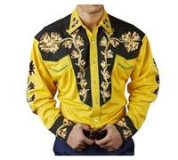 Men's Casual Shirt Printed Long-Sleeved Western Cowboy Shirt Button Down Slim Fit Work Shirt Yellow