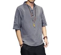 Men's Casual Shirt Regular Fit Solid Color Men's Linen Shirt Retro Chinese Style Disc Buckle Men's Short-Sleeve Shirt Stand-Up Collar Light Breathable Men's Summer Shirt G-Grey XXL
