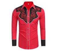 Men's Casual Shirt Slim Fit Button Down Work Shirt Long-Sleeved Western Cowboy Streetwear Shirt Red